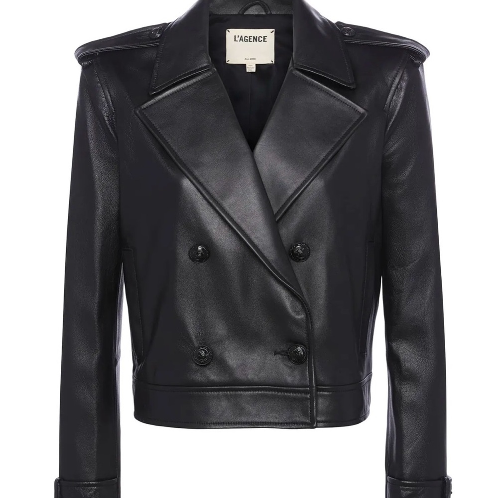L'AGENCE Black Double-Breasted Leather Cropped Jacket